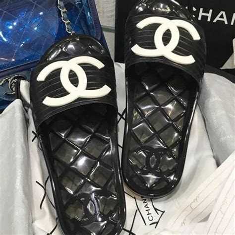 chanel jelly slides black and white|Chanel clear pool slides.